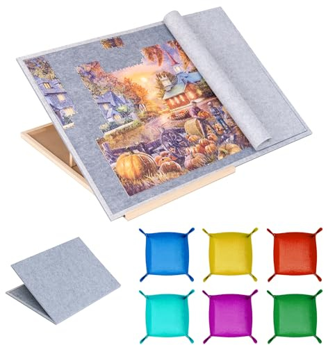 Tektalk Planche de Puzzle Pliable avec 4 Angles réglables, Plateau léger et Portable avec chevalet en Bois, Table de Puzzle Pliable en Feutre, jusqu'à 1500 pièces (Gris)