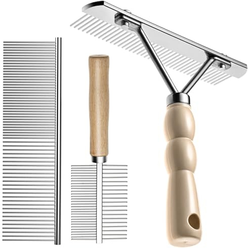 Undercoat Rake for Dogs, 3 Pack Pet Grooming Brush Set Long Tooth Rake Brush & Double-Sided Teech Comb & Stainless Steel Shedding Comb, Long Haired Pet Grooming Tool Set for Horse Large Dog Cat
