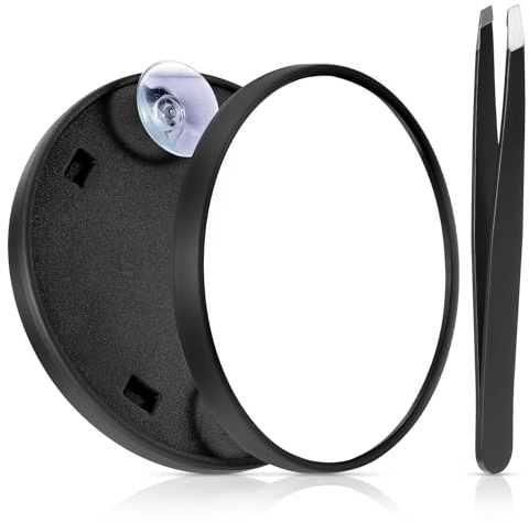 JIEYAO Specchio ingranditore compatto da viaggio 5X con 2 ventose, specchio tascabile portatile da 9,1 cm con pinzette (nero)