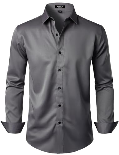 JEMITOP Men's Stretch Wrinkle Free Dress Shirts Formal Wedding Prom Long Sleeve Button Down Shirt, Dark Grey, Medium