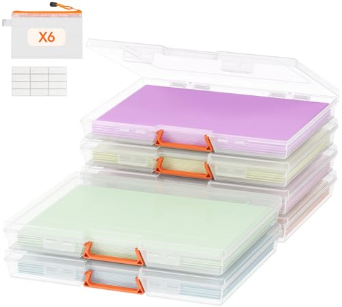Lifewit 6 Pack Stapelbar Aufbewahrungsbox A4 mit Deckel&Griff, Transparent | Kunststoff Archivbox A4 mit 12 Reißverschlusstaschen und Etiketten für Bürobedarf Papier Brettspiel Bastelbedarf, 32x24,5 cm
