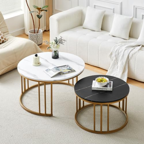 ZBAOLTO Couchtisch Rund 2er Set, Kaffeetische Holz Wohnzimmertisch | Modernes Couch Tisch Couchtisch, Kaffeetische Holz,Coffee Table Set: ø70×45 cm + ø50×38 cm, schwarz-gold