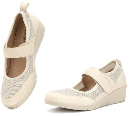 JOMIX Mocassins Femmes Compenseés avec Scratch Respirant Chaussure de Marche à Talon Décontracté pour Femme (Beige, 37)