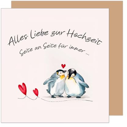 Edition Seidel Premium quadratische Glückwunschkarte zur Hochzeit mit Umschlag. Hochzeitskarte Grußkarte Vermählung Just Married Seite an Seite für immer Pinguine (HQ107 SW025)