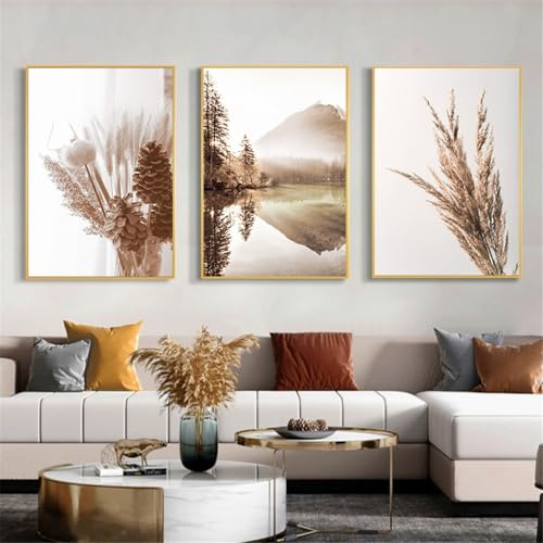 AQCQDQ 3er Poster Set Wohnzimmer Beige Boho Pampasgras Bilder Modern Beige Bilder Wanddeko Schilf Natur Beige Leinwandbilder - Ohne Rahmen (40x50 cm,A)
