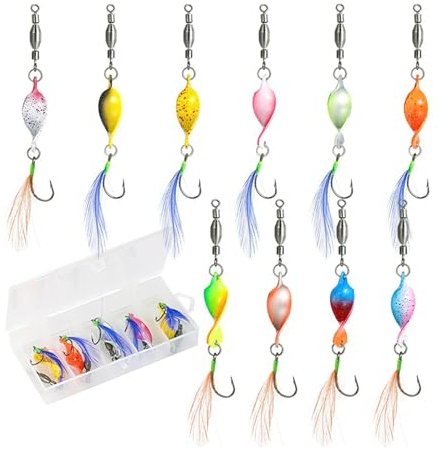 KINHARD 10 Pièces Cuillere Peche Truite, Leurre Truite Riviere en Spirale, Leurre Peche avec Plumes, Cuillere Truite Coloré, Leurres Rotatifs à 360° pour Poissons d'eau Douce et d'eau Salée