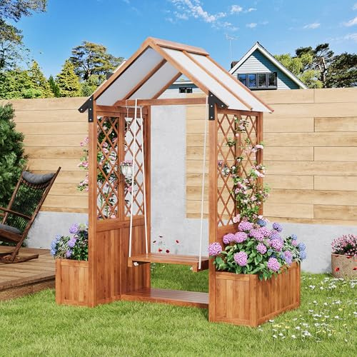Merax Blumenkasten mit Rankgitter, Pflanzkübel, mit Sonnendach aus Massivholz Tanne, mit Outdoor-Schaukel, für Garten Hof Terrasse, Braun, 142Lx70Bx163H