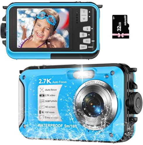 Fotocamera subacquea con scheda da 32 GB, fotocamera digitale impermeabile per bambini 10FT 30MP FHD 1080P Compact Portable Zoom digitale 16X impermeabile