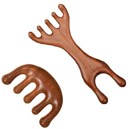 2 Stück hölzerner massagekamm - Holzkopfmassagegerät mit breiten Zähnen für die Gesichts- und Kopfhautpflege, natürliches Gua Sha Meridian-Werkzeug, Körper-Massagewerkzeug für Frauen und Männer