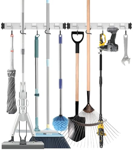 QcoQce Besenhalterung Wand, Gartengerätehalter, Moderner Stil, Besenhalter aus Aluminium mit Abnehmbarem Haken, 2er-Pack, Aufbewahrungsgeschenk für Badezimmer,Küche,Schrank,Garten,Garage (Schwarz)