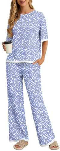 PrinStory Pyjama med korta ärmar för dam - Lång pyjamastopp - 2 delar, S