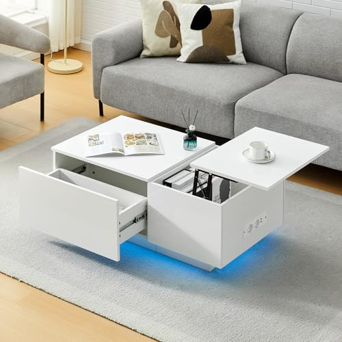 CLIPOP Couchtisch Höhenverstellbar, Couchtisch Hochglanz, Wohnzimmertisch mit Stauraum, LED Beleuchtung Modern, Steckdose und USB, Beistelltisch, Sofatisch weiß