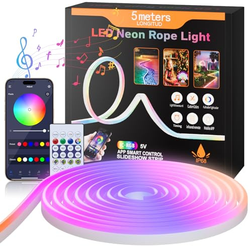5m Neon Led Strip RGB-IC, 5V USB Bluetooth LED Rope Lihgts, Flexible LED Strip mit App-Steuerung, Neon Rope Lamp Geeignet für DIY, Wohnzimmer, Schlafzimmer, Gaming Dekoration （Bluetooth Verbindung）