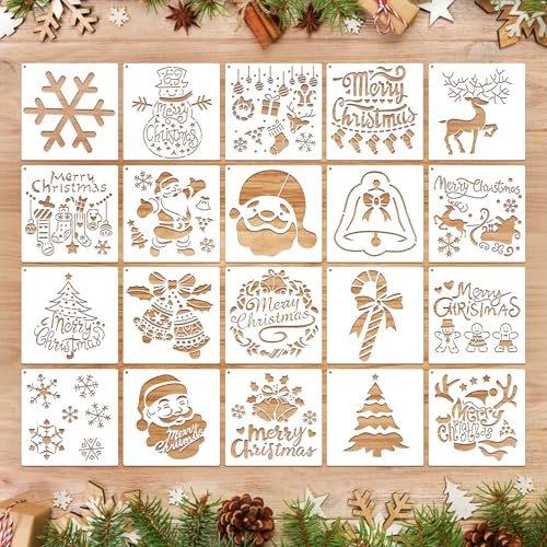 20 Piezas Reutilizables Plantillas Pintura, ZoneYan Plantillas Navideña, 15 x 15 cm, Navideñas Plantilla de Dibujo, DIY Plantilla de Dibujo, Stencil Navidad Decoración, Niños Stencil Navidad (20)