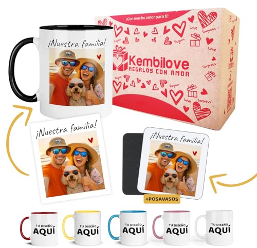 Kembilove® Taza personalizada con foto y nombre + posavasos | Con caja decorada | Regalo personalizado para pareja familia o amigos