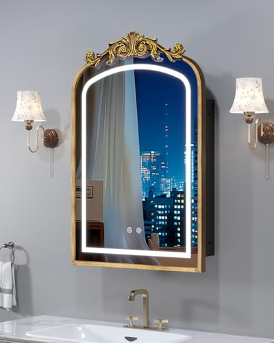 20x30 LED Bathroom Medicine Cabinet with Mirror and Lights, Bronze Hand-Painted Baroque Bathroom Storage with Mirror, Recessed / Wall Mounted, Dimmable 3 Color Lighting Anti-fog ( with 1 Organizer)