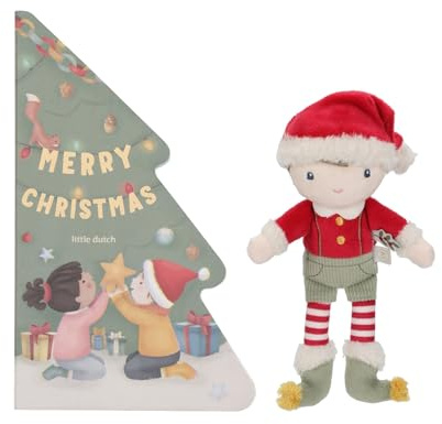 Little Dutch Geschenkset 2-teilig Stoffpuppe Jim im Weihnachts-Outfit und Bilderbuch in Tannenbaum-Form - Weihnachten