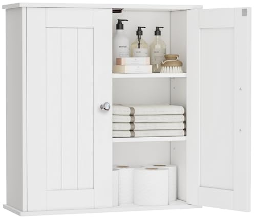 Miphlian Badezimmerschrank Wandmontage, Weiß | Schrank über der Toilette mit verstellbaren Regalen, Medizinschrank mit 2 Türen, für Bad, Küche, Flur, Waschküche, 20×55×60cm