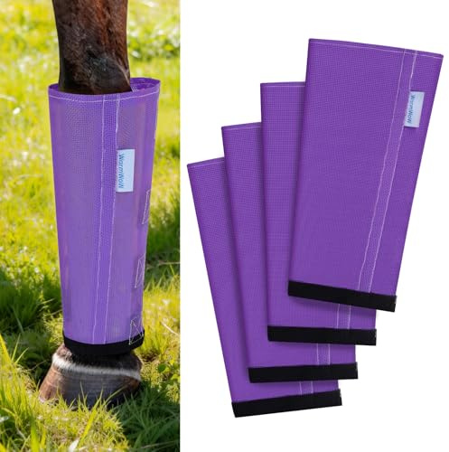 Fly Boots for Horses Set of 4, Loose Fitting Mesh Horse Fly Boots Leggings, Reduce-Stomping Adjustable Equine Leg Wraps & Socks, Stay Up Not Sag, No Rub (Purple)