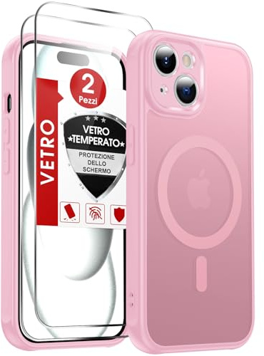 LeYi Cover Magnetica per iPhone 15 con 2 Pezzi Vetro Temperato(Rosa) | Custodia per iPhone 15 Traslucida Opaca Anti-Impronte Resistente ai Graffi Paraurti in TPU Antiurto Protettiva Case 6,1''