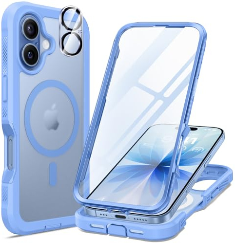 seacosmo for iPhone 17 Case with Glass Screen Protector Blue Matte | Full Body Bumper, Built-in Tempered Glass, Camera Lens Protector, Compatible with MagSafe, Shockproof Phone Case, 6.3