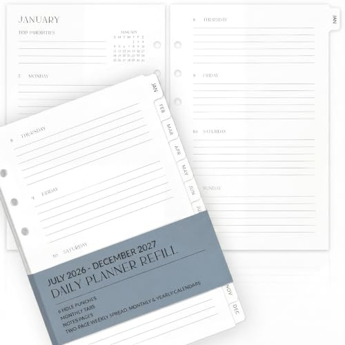 Magnifiques inserts de planification journalière 2026-2027 pour classeurs à 6 anneaux – Lot de recharges de papier A5 durable 14 x 21,1 cm – Recharges avec onglets, calendriers mensuels – De juillet