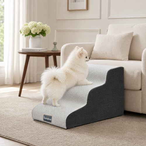 Sytopia Dog Steps for Small Dogs & Cats, 3-Step Pet Stairs for Sofa, Couch & Bed, Low-Height Non-Slip Dog Stairs for Senior Dogs, High-Density Foam with Washable Corduroy Cover, 40 x 57 x 40 cm, Grey