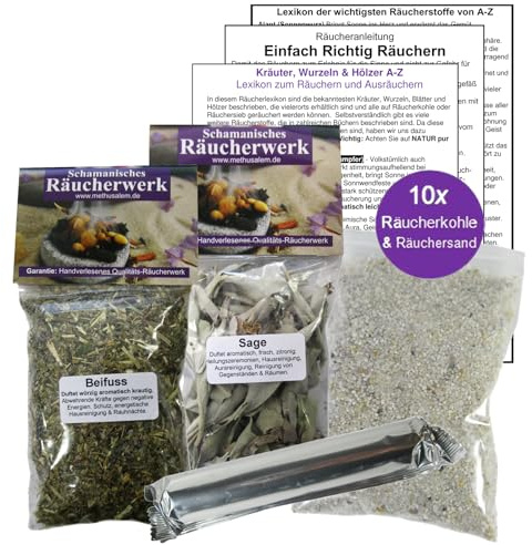 BEIFUSS Beifuß & weißer Salbei zum räuchern 2 x 60ml Räucherwerk 6-TLG Räucher-Set mit Räucherwerk für Hausreinigung & Rauhnächte inkl Räucherkohle + ZUBEHÖR. 81890-4