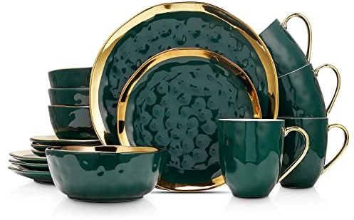 Stone Lain Porcelain 16 Piece Dinnerware Set, Service for 4, Green and Golden Rim