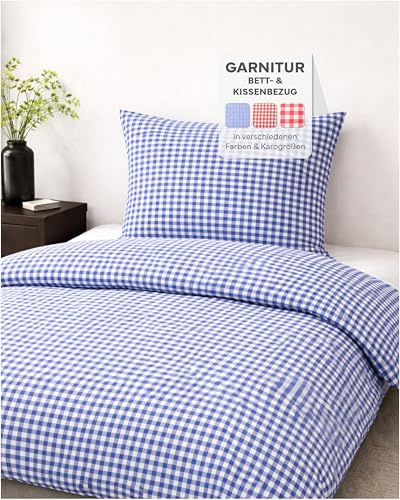 texpot Landhaus Bettwäsche Garnitur kariert blau-weiß 135 x 200 cm + 80 x 80 cm Baumwolle 10mm Karo