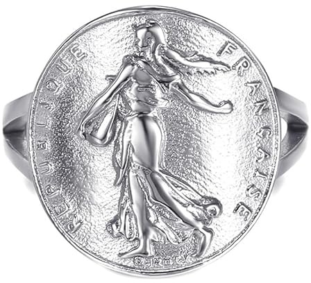BOBIJOO Jewelry - Bague Chevalière Femme Cintrée Pièce Franc Semeuse Marianne Acier 316L Argenté République Française - 50 (5 US)