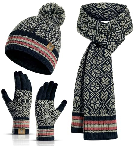 INSISMY Mössa halsduk handskar set dam mössa hatt lång halsduk termisk pekskärm handskar set 3 st mjuk varm vinter stickad snöflinga mönster retro pom keps set för damer män, marinblå, en storlek