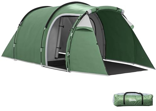 Outsunny Tenda Campeggio a Tunnel per 2-3 Persone, Tenda Campeggio Familiare 3 Posti con Zona Soggiorno e Camera da Letto, Porte, Finestre Laterali e Borsa di Trasporto, 426x206x154 cm, Verde Scuro