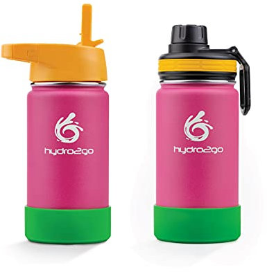hydro2go ® Kinder Trinkflasche aus Edelstahl - 350ml | Thermo Edelstahlflasche BPA-frei für Kinder + 2 Trinkverschlüsse | 100% Auslaufsichere Kinderflasche
