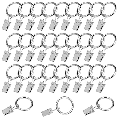32mm Gardinenringe mit Clips,30 Stück Metallvorhangringe, Mehrzweck für Gardinenstangen (Silber)