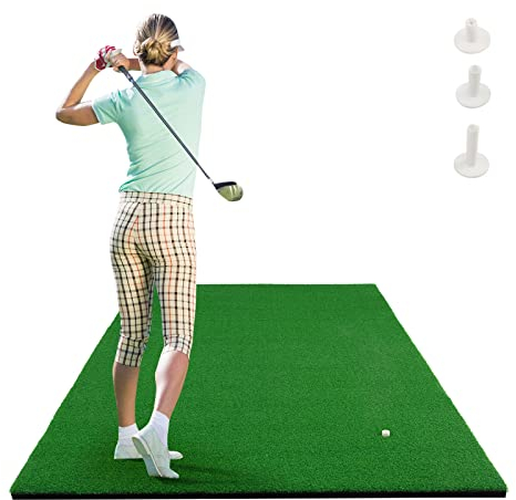 COSTWAY 150 x 100cm Golf Abschlagmatte, Golf Übungsmatte inkl. 3 Gummi-Tees, Golfmatte mit 2 Abschlagpositionen, für Indoor und Outdoor