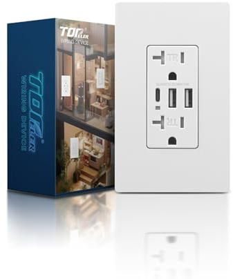 TOPELER Wall Outlet with 3 USB Port, 6.0A High Speed Charging Capability, Child Proof Safety Receptacle, 20 Amp TR Wall Socket with USB-C Port, Screwless Plate Include, UL & FCC Listed