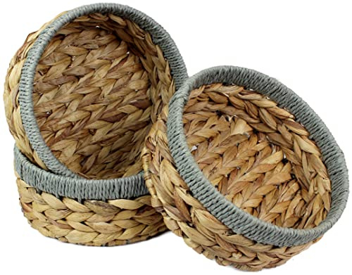 Small Water Hyacinth round baskets for storage Natural colour with grey edges shelves open. Decorative gift box Small bathroom mini tray makeup bathroom Kitchen organiser (Large 22cm, 3 X Basket)