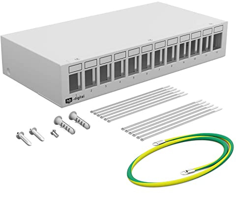 HB-DIGITAL 12-Port Patchpanel Gehäuse für Keystone Module mit z.B. RJ45 Buchse RJ11 Socket Antennenstecker F-Verbinder USB-C USB-A BF/AF HDMI Polklemme Gewindebuchse BNZ - Hellgrau