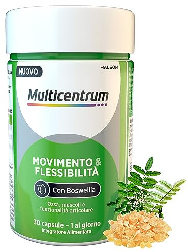 Multicentrum Movimento & Flessibilità, Integratore Alimentare con Boswellia, Vitamina C, D, K, e Omega3, formulato per Ossa, Muscoli e Funzionalità Articolare, Adulti, 30 capsule