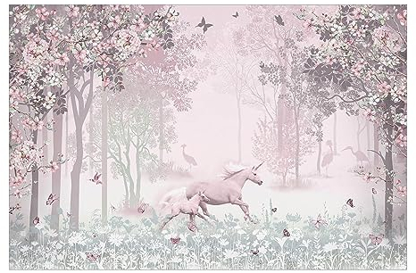 Bilderwelten Fototapete Kinderzimmer Einhorn auf Blumenwiese in Rosa 225 x 336 cm Vlies-Tapete XXL Smart Wandtapete Wanddekoration Kindertapete