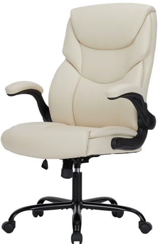 Ergonomischer Bürostuhl PU-Leder Schreibtischstuhl mit hochklappbaren Armlehnen hoher Rücken Bürostuhl höhenverstellbarer Computerstuhl Ergonomischer Stuhl drehbarer Arbeitsstuhl, Weiß