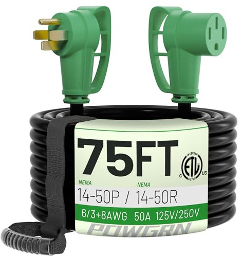 POWGRN Cavo di prolunga RV/EV da 50 Amp da 75 piedi per esterni con impugnatura di presa, cavo di alimentazione flessibile resistente calibro 6/3+8/1 STW a 4 punte RV impermeabile, NEMA 14-50P a
