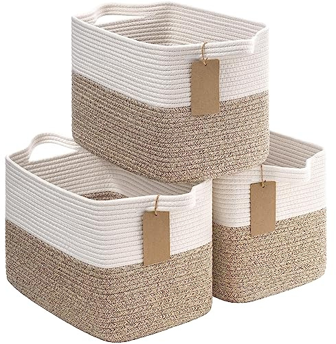 TIMEYARD 3er Set Aufbewahrungskorb Baumwolle Organizer 34x28x24cm Braun | Geflochtene Baumwollkörbe für Regal, Kinderzimmer und Wohnzimmer. Ideal für Spielzeug, Bücher und kleine Gegenstände