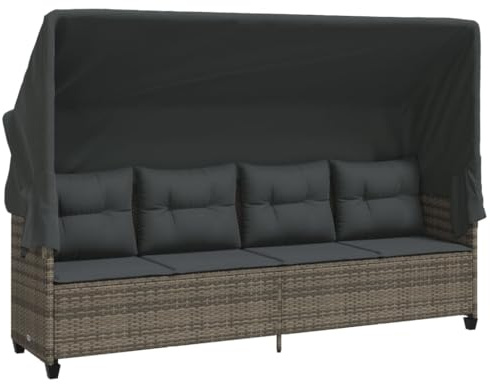 vidaXL Sonnenliege, Liege mit ausziehbarem Sonnendach, Gartenliege mit dick gepolsterten Kissen, Sonnenbett Gartenmöbel, Grau Poly Rattan