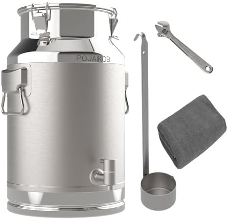 POJAIKOB Milk Can, 5 Gallon with Spigot and Ladle Milk Can, 304 Stainless Steel 20L Locking Sealed Lid Bucket - Airtight Food Storage Container for Home, Farm, Commercial Kitchen (Milk/Wine/Grains)