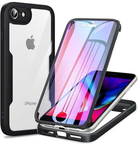 Phoona 360 Grad Hülle für iPhone 7/8/SE2022/SE2020 mit Transparent Displayschutz, Stoßfeste Silikon TPU Ganzkörper Schutz Handyhülle, Kratzfeste Tragbare Komplettschutz Hülle für iPhone 7/8, Schwarz