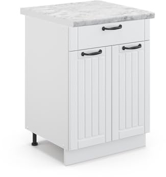 Vicco Küchenunterschrank Fame-Line, Weiß Landhaus, 60 cm mit Schublade, AP Marmor, zur Kombination mit weiteren Modulen der Fame-Line Serie
