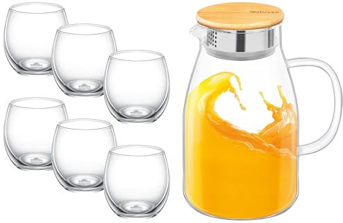 Wilmax Glaskrug 1,9L mit 6 Wassergläser 310ml im Set | Getränkeset | Wasserkrug für Saft, Wasser, Eistee, Milch | Glaskaraffe | Wasserkanne | Spülmaschinenfest | Glaskanne | Transparent