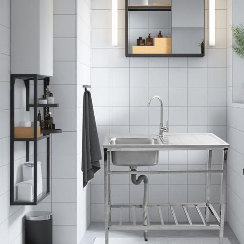 Lavandino Da Esterno Giardino Acquaio Da Esterno Con Supporto 1 Vasca Lavello Cucin in Acciaio Inox Autoportante 75cmX40cmX75cm Lavatoio in Acciaio Inox 304 lavello Esterno Rimovibile Indipendente